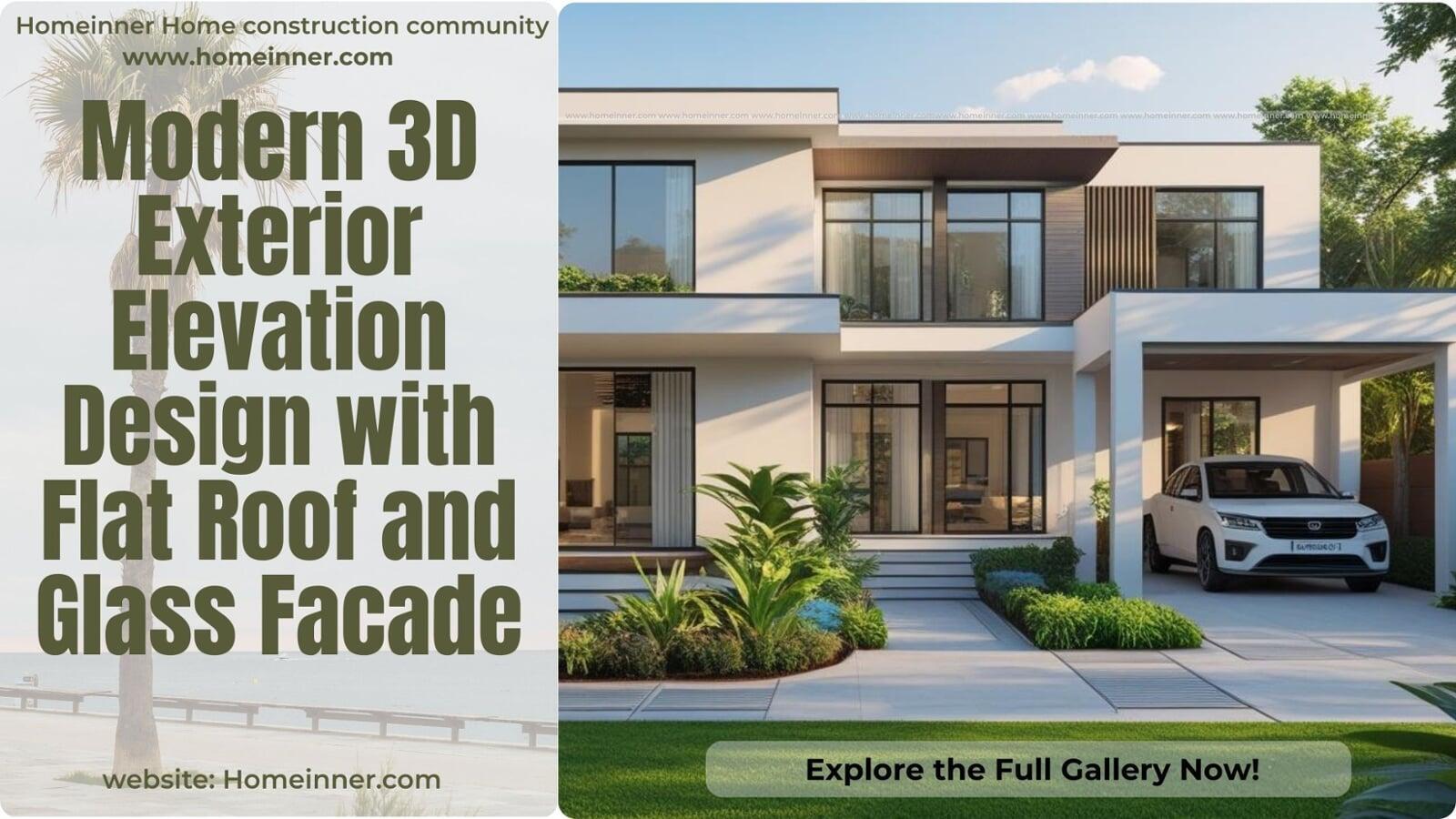 Modern 3D Exterior Elevation Design with Flat Roof and Glass Facade