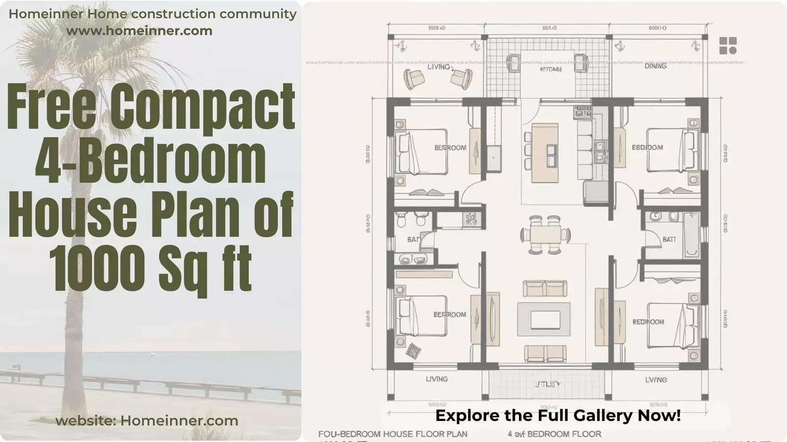 Free Compact 4-Bedroom House Plan of 1000 Sq ft