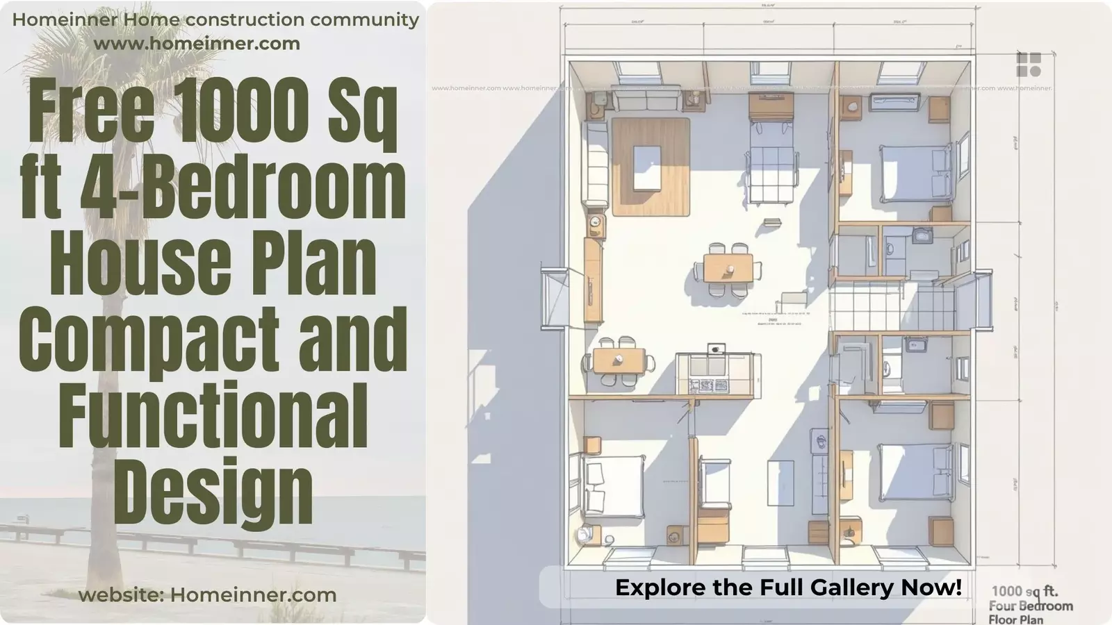 Free 1000 Sq ft 4-Bedroom House Plan Compact and Functional Design